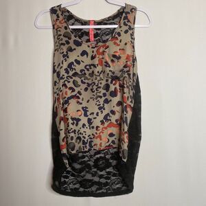 Vintage 100% Silk Animal Print and Floral Lace Top Racer-Back Made in USA Size S